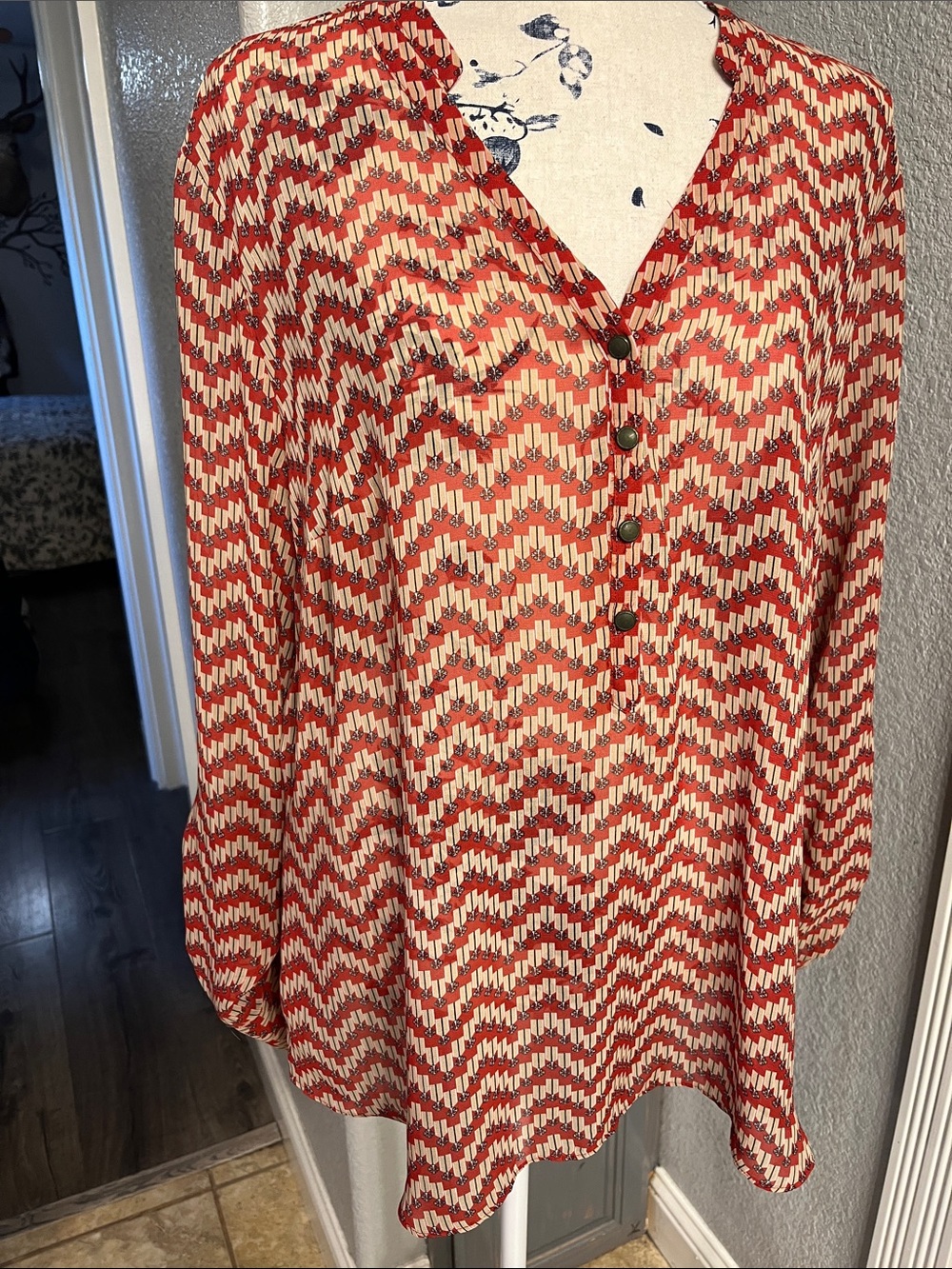 a.n.a Red Chevron Henley Tunic Top